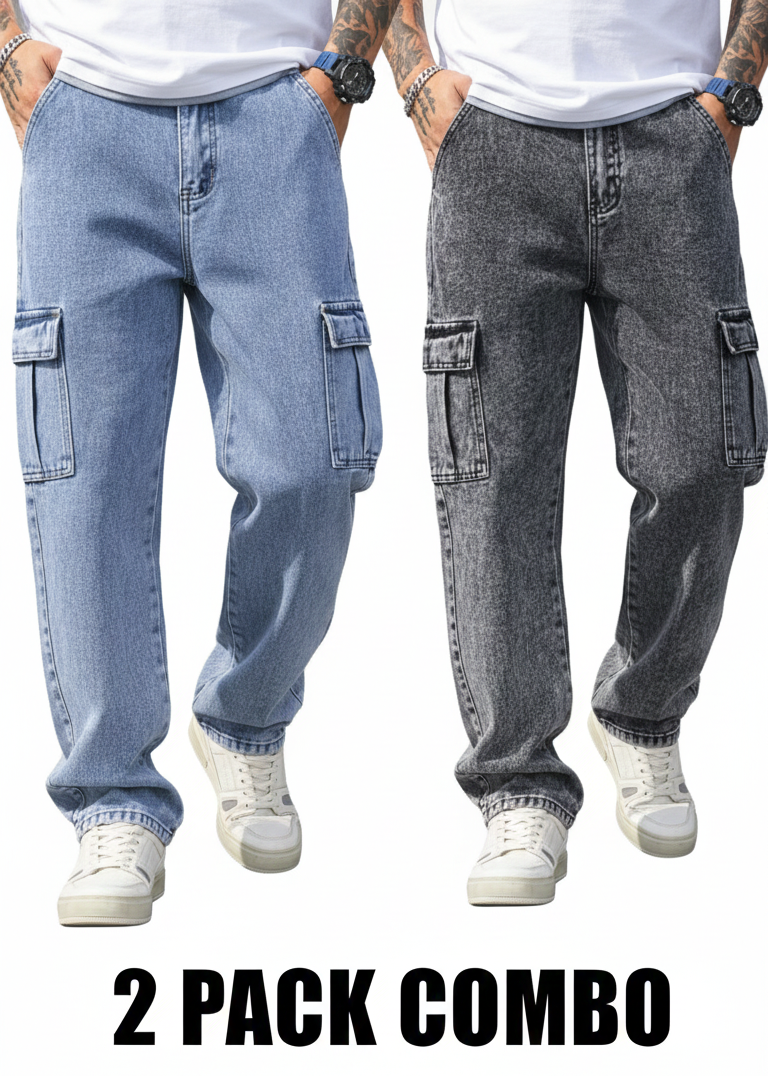 combo Denim Work Pants with Flap Pockets