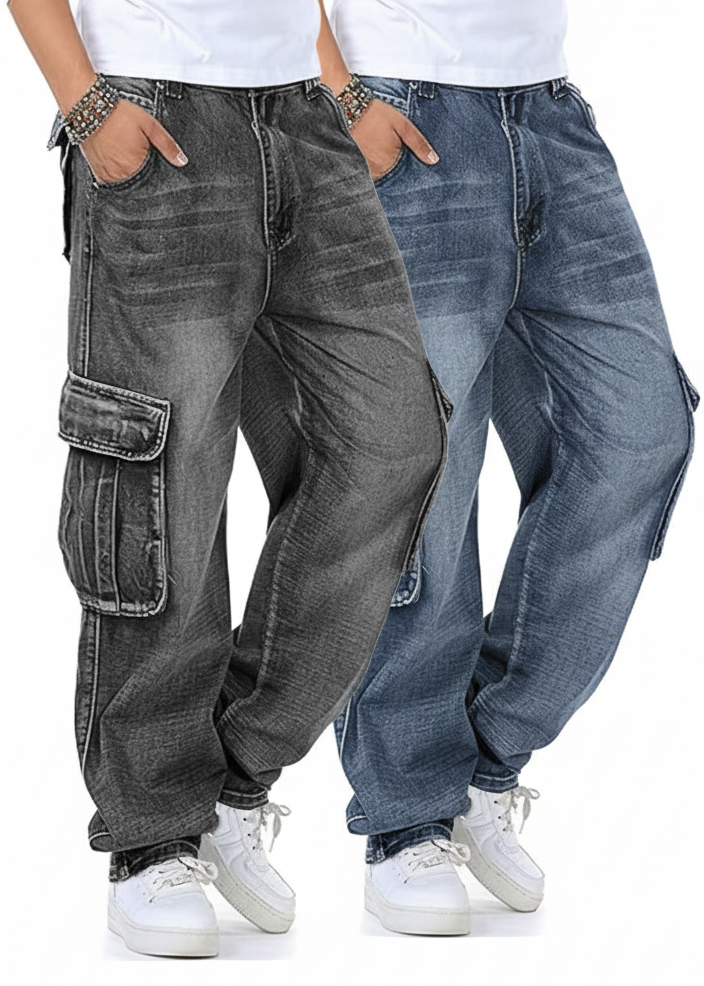 Combo Men's Casual Denim Work Pants Jeans with Cargo Pockets