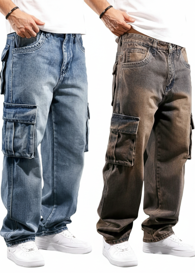 Cargo Workwear Jeans Loose Fit Straight Leg Hip Hop Denim Pants