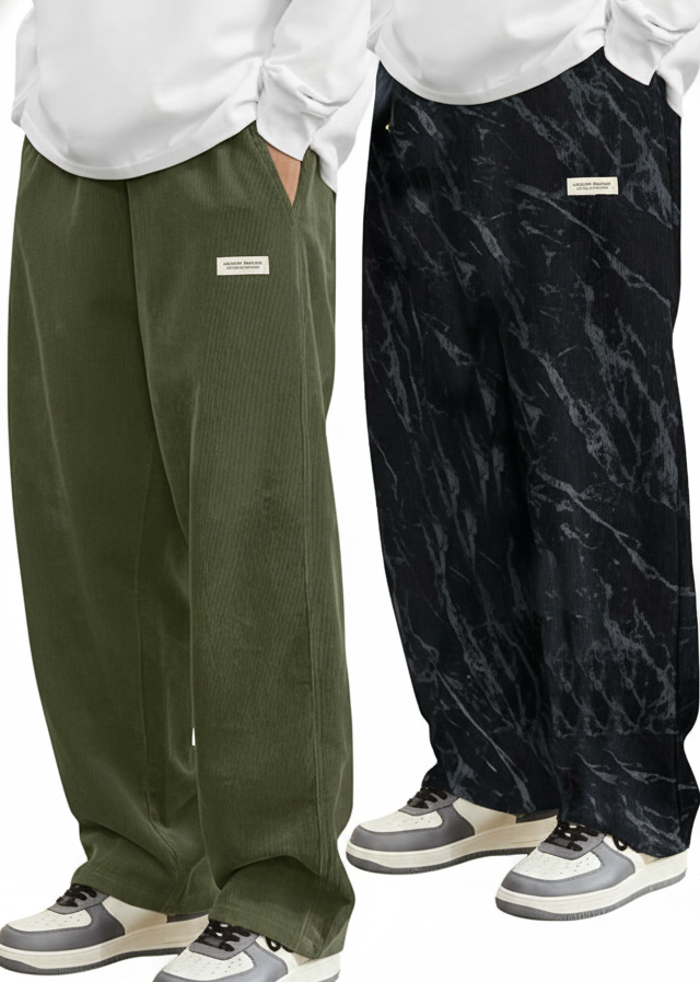 Combo Mens Corduroy Straight Leg Pants Long Solid Elastic Waist Casual Pants Loose Fit Going Out Pants with Pockets