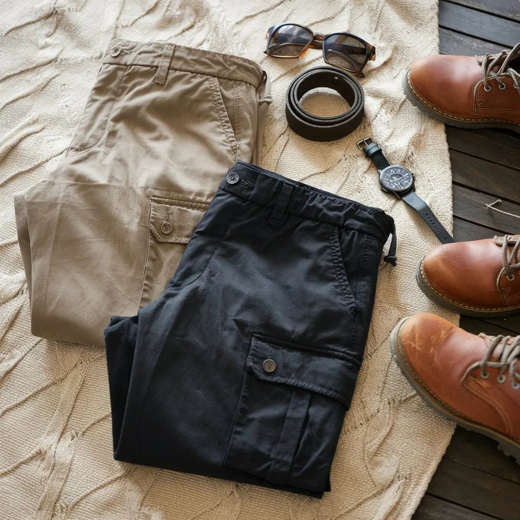 Essential 100% Cotton Utility Cargo Pants Combo  Khaki & Black