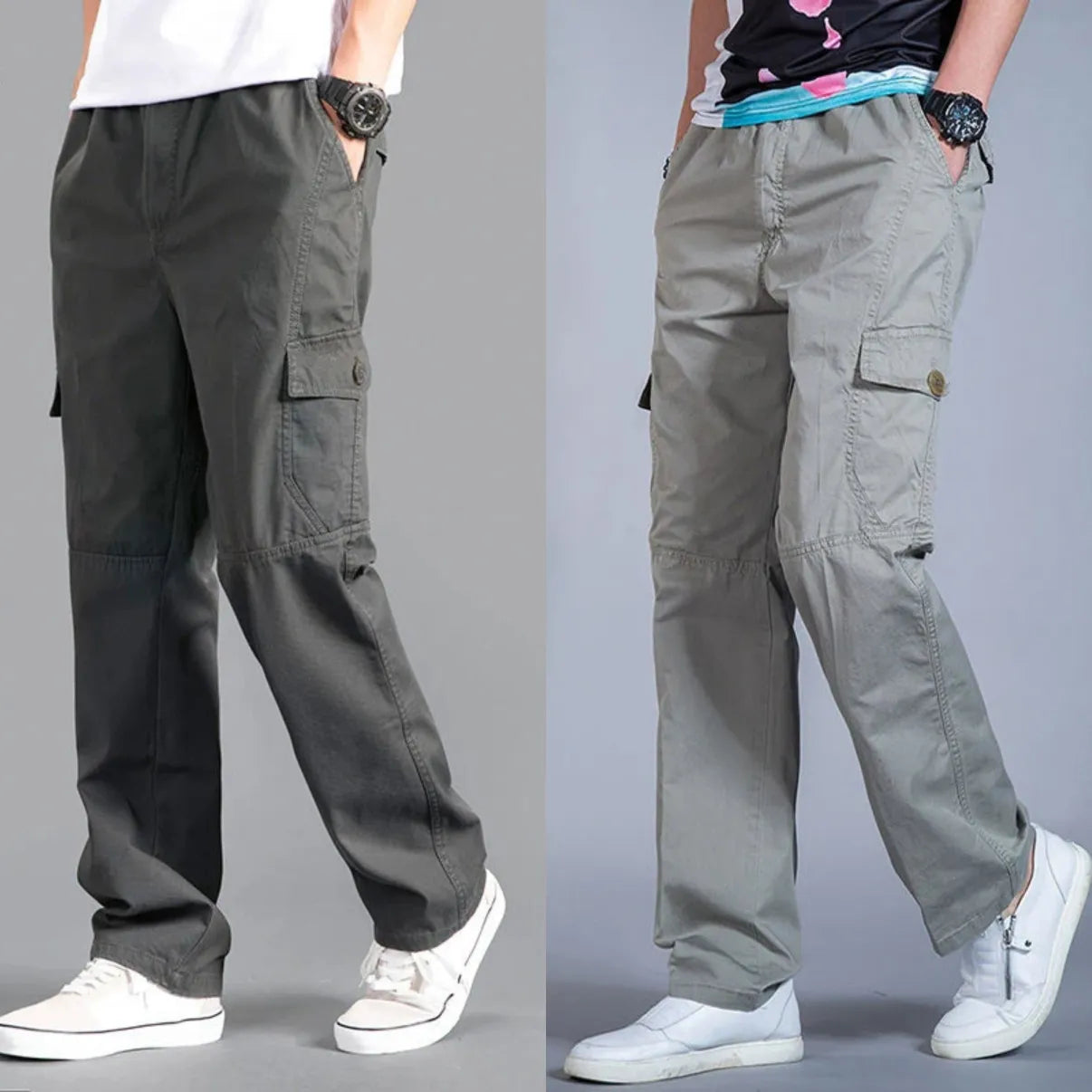 Elite Cargo Edit 100% Cotton Relaxed Cargo Pants Combo  Dark Grey & Light Grey