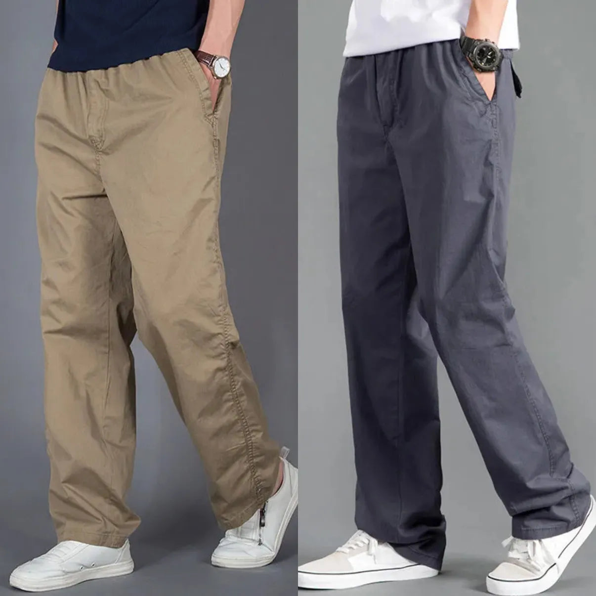 Elite Cargo Edit 100% Cotton Relaxed Pants Combo  Beige & Slate Grey