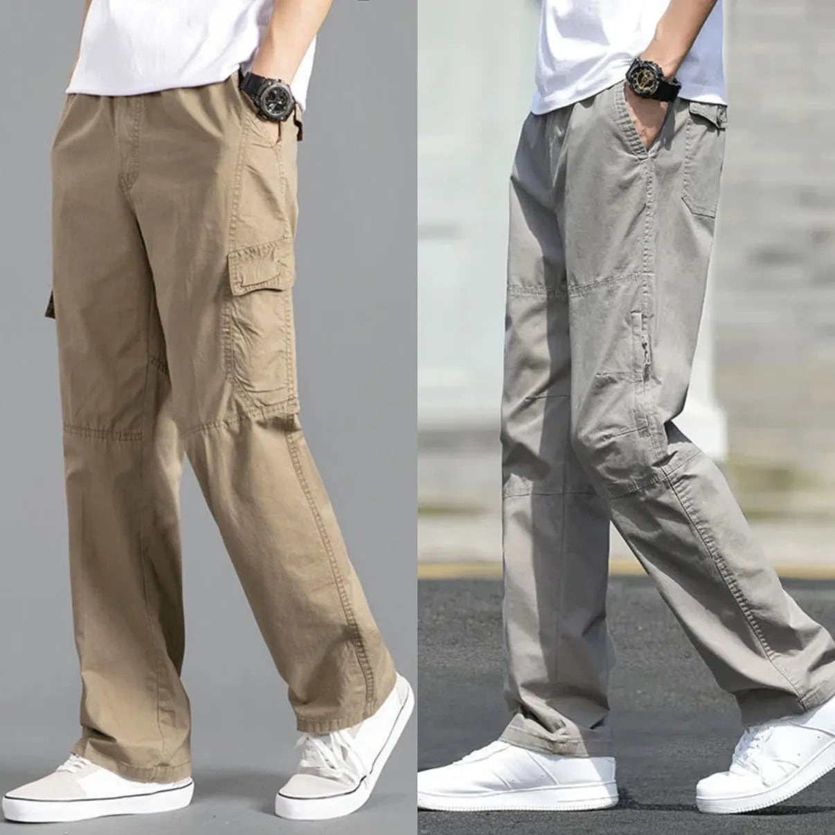 Elite Cargo Edit 100% Cotton Relaxed Cargo Pants Combo  Khaki & Stone Grey